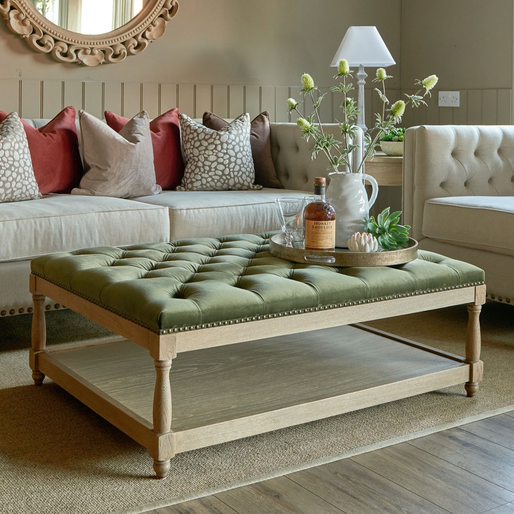 UPHOLSTERED PETIT ROYALE OTTOMAN COFFEE TABLE - OLIVE GREEN VELVET