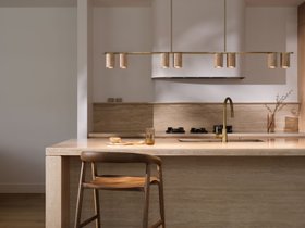 Hartley 8 Light 1.5m Linear Pendant in Aged Brass with Natural Travertine
