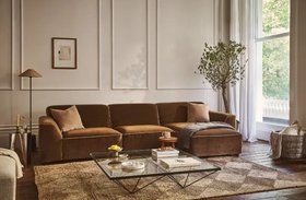 The Dalston In Vintage Velvet Cinnamon With Stain Resistant Plush Velvet Winter Wheat Piping With Dark Oak Legs