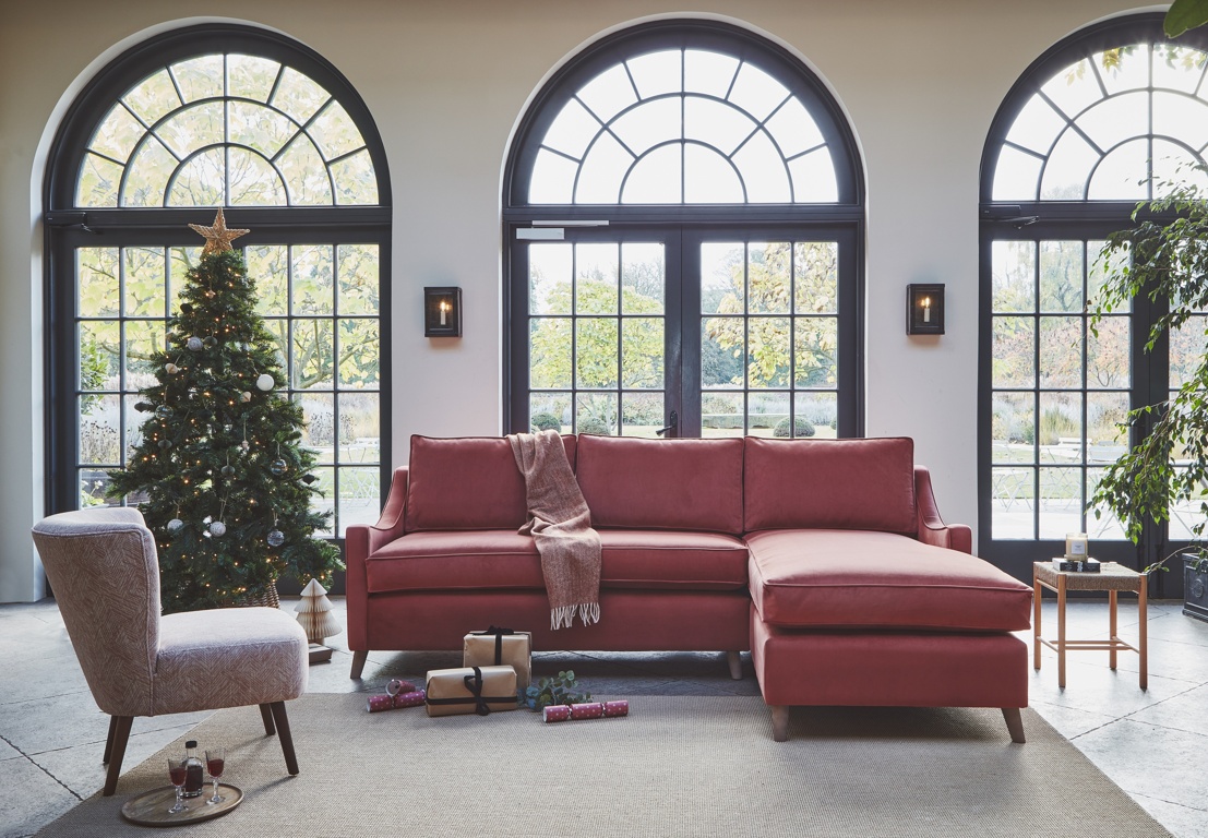 The Weymouth 2 Seater Chaise Sofa In Easy Clean Plush Velvet Brick With Dark Oak Feet