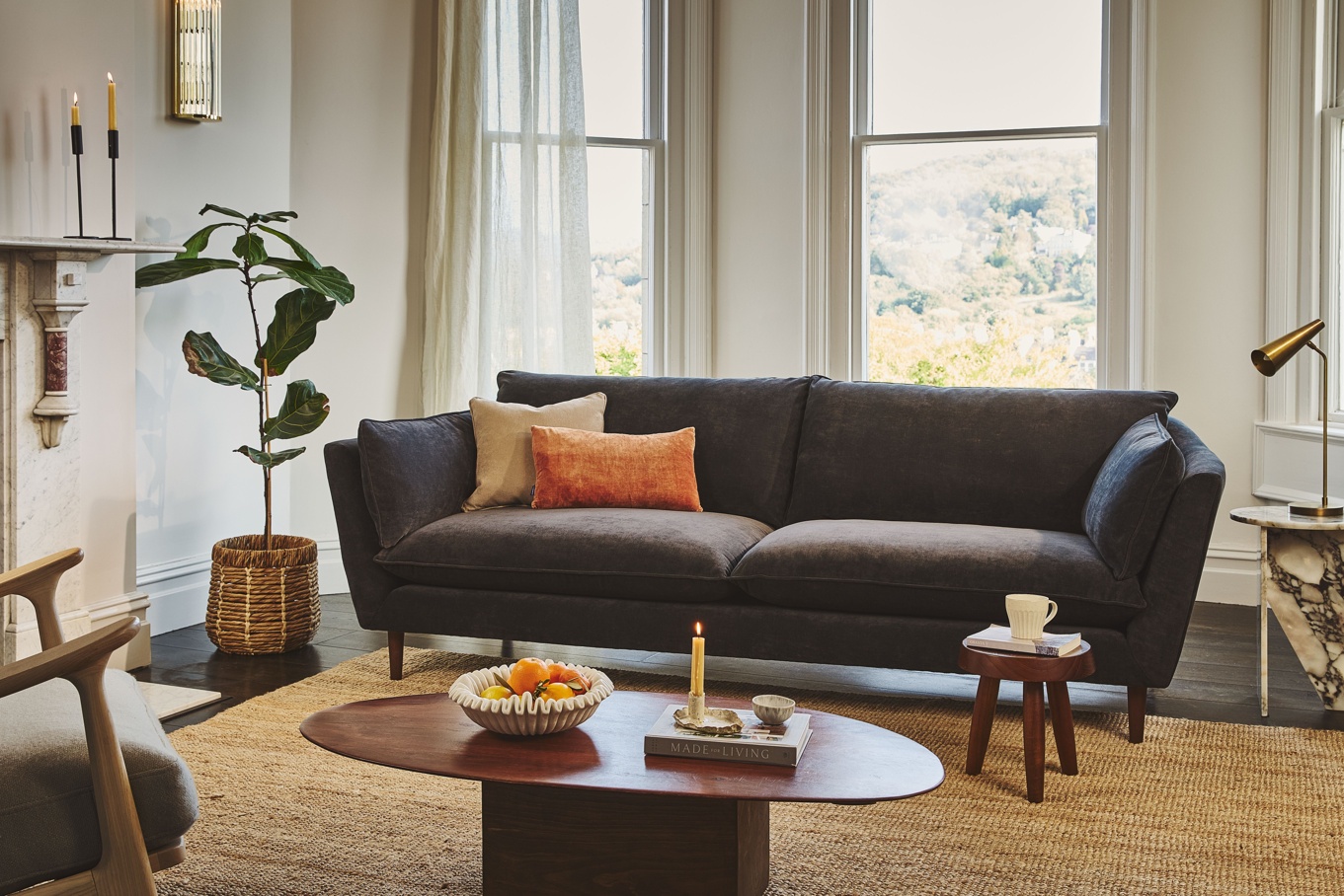 Fitzrovia Large Sofa In Easy Clean Matt Velvet Ebony
