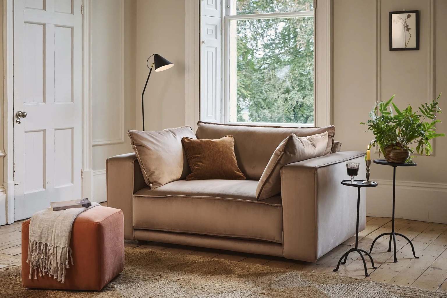 Tate Small Footstool In Stain Resistant Cotton Velvet Tabasco