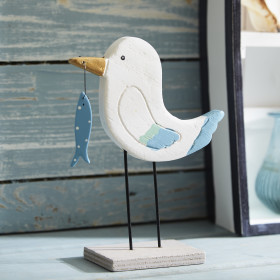 Painted Wooden Seagull With Fish Shelf Sitter