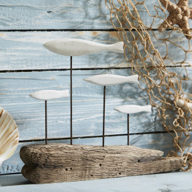 4 Painted Wooden Fish On Natural Driftwood Base