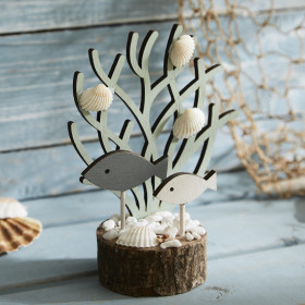 Painted Wooden Coral & Fish Shelf Sitter On Natural Plinth