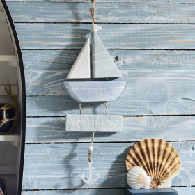 Hanging Painted Wooden Boat W/ Plaque - Gone Sailing