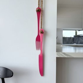 large cutlery (knife & fork) wall decor | hot pink with natural rope