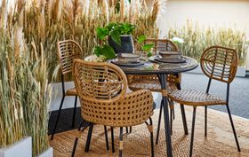 Swara Garden 4 seater Round Dining Set , Natural Rattan and Glass