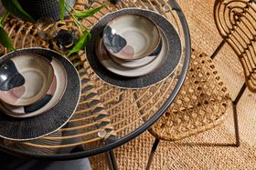 Swara Garden 4 seater Round Dining Set , Natural Rattan and Glass