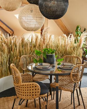 Swara Garden 4 seater Round Dining Set , Natural Rattan and Glass