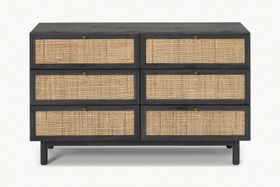 Pavia Wide Chest of Drawers, Natural Rattan & Black Wood Effect