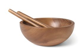 Clover Acacia Wood Serving Bowl with Utensils, Natural