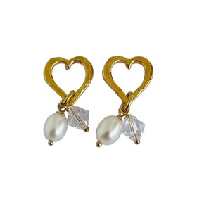 Gold-Plated Heart Stud Earrings with Drop Crystal and Pearl
