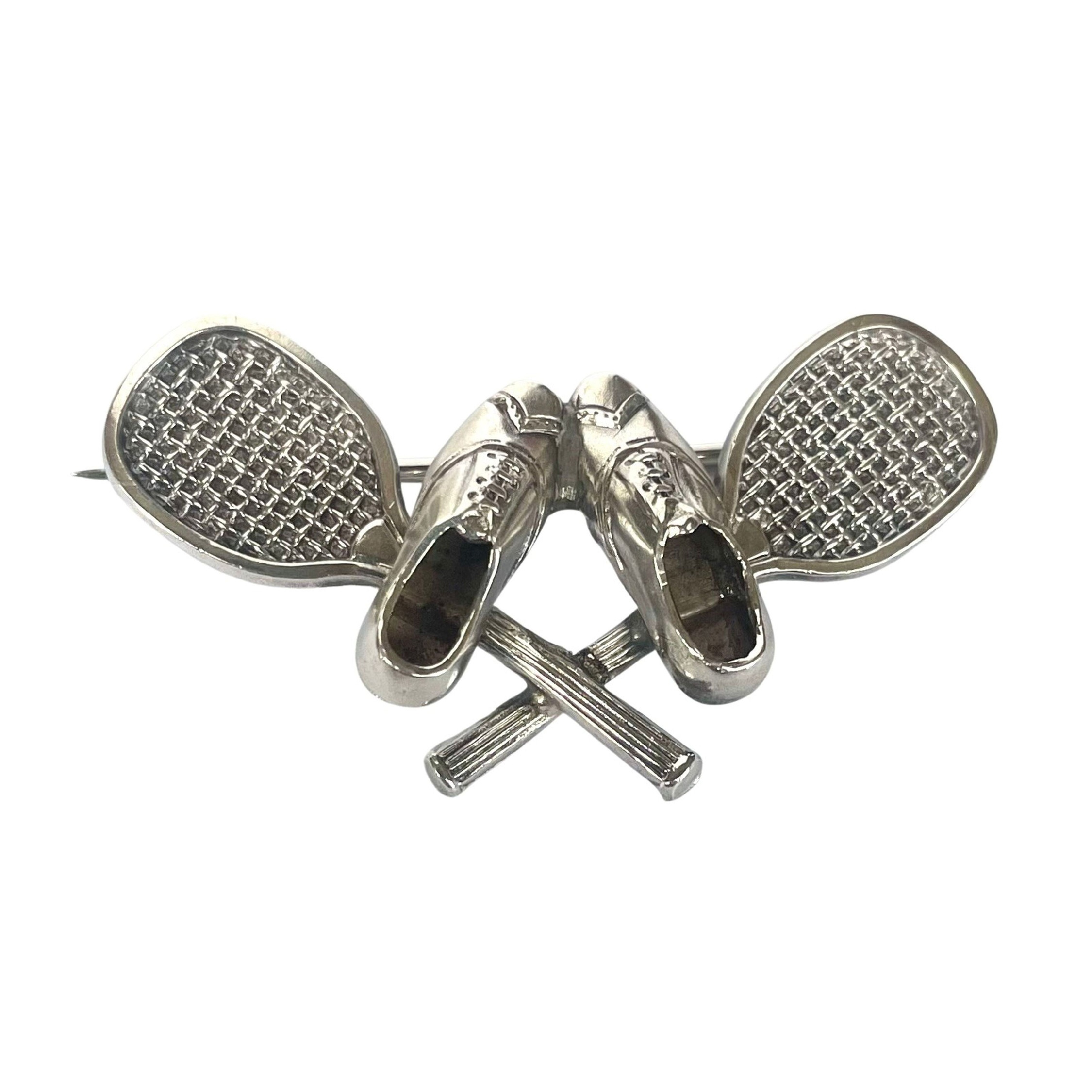 Antique Silver Lawn Tennis Brooch, Rackets and Plimsolls, 1886