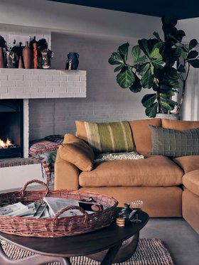 Cuddlemuffin Modular Corner Sofa in Treacle Tart Yellow Linen (fabric launching March 26)