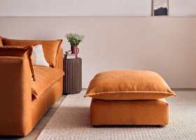 Weekender Footstool in Bobbing Buoy Orange Chenille