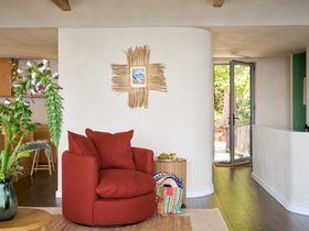 Dunkins Swivel Accent Chair in Toffee Apple Red Linen