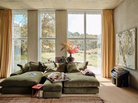 Wodge Chaise Movie Sofa in Wine Bottle Green Chenille
