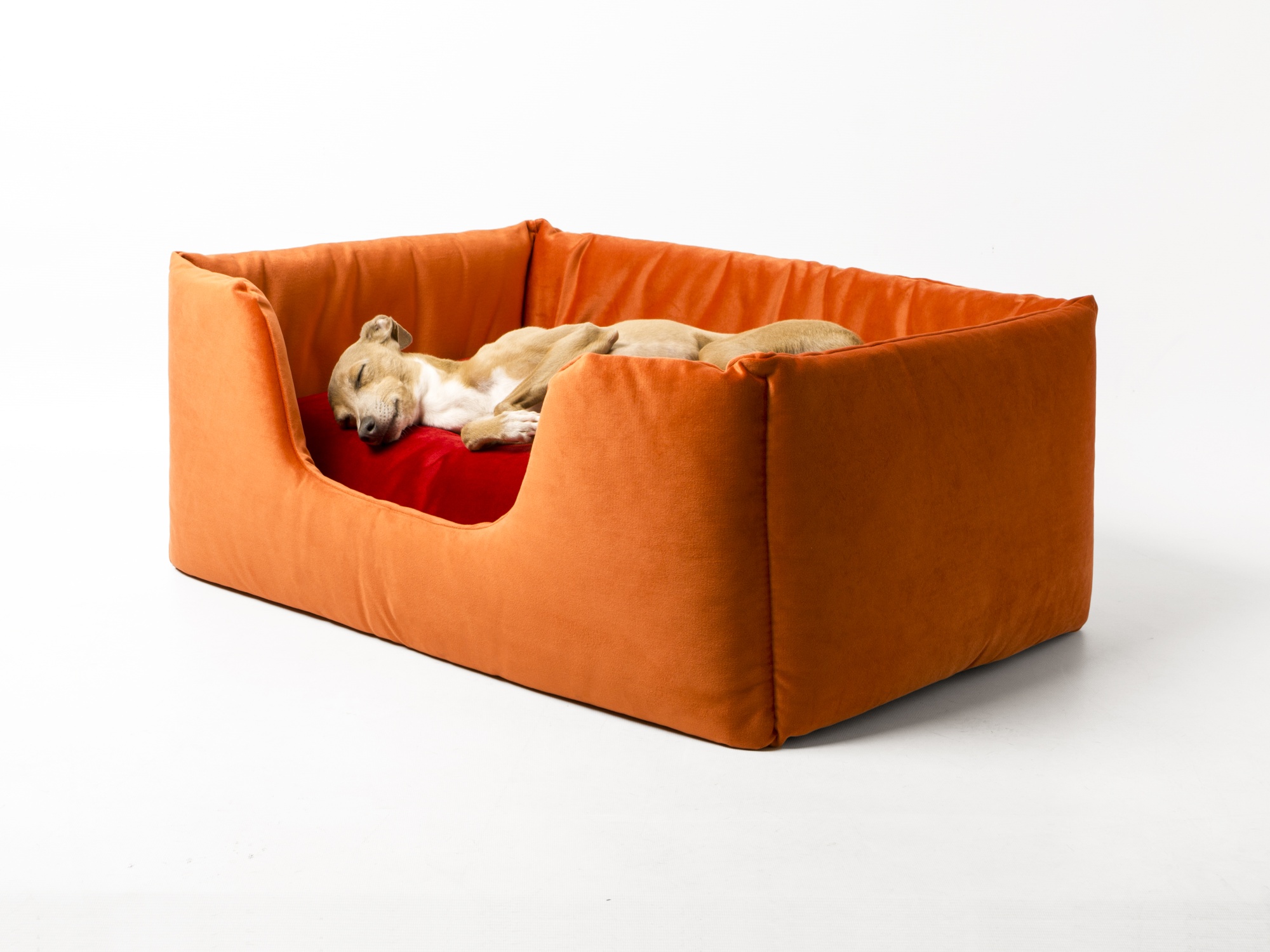 Charley Chau Deeply Dishy Luxury Dog Bed in Velour Contrast - Tangerine & Claret