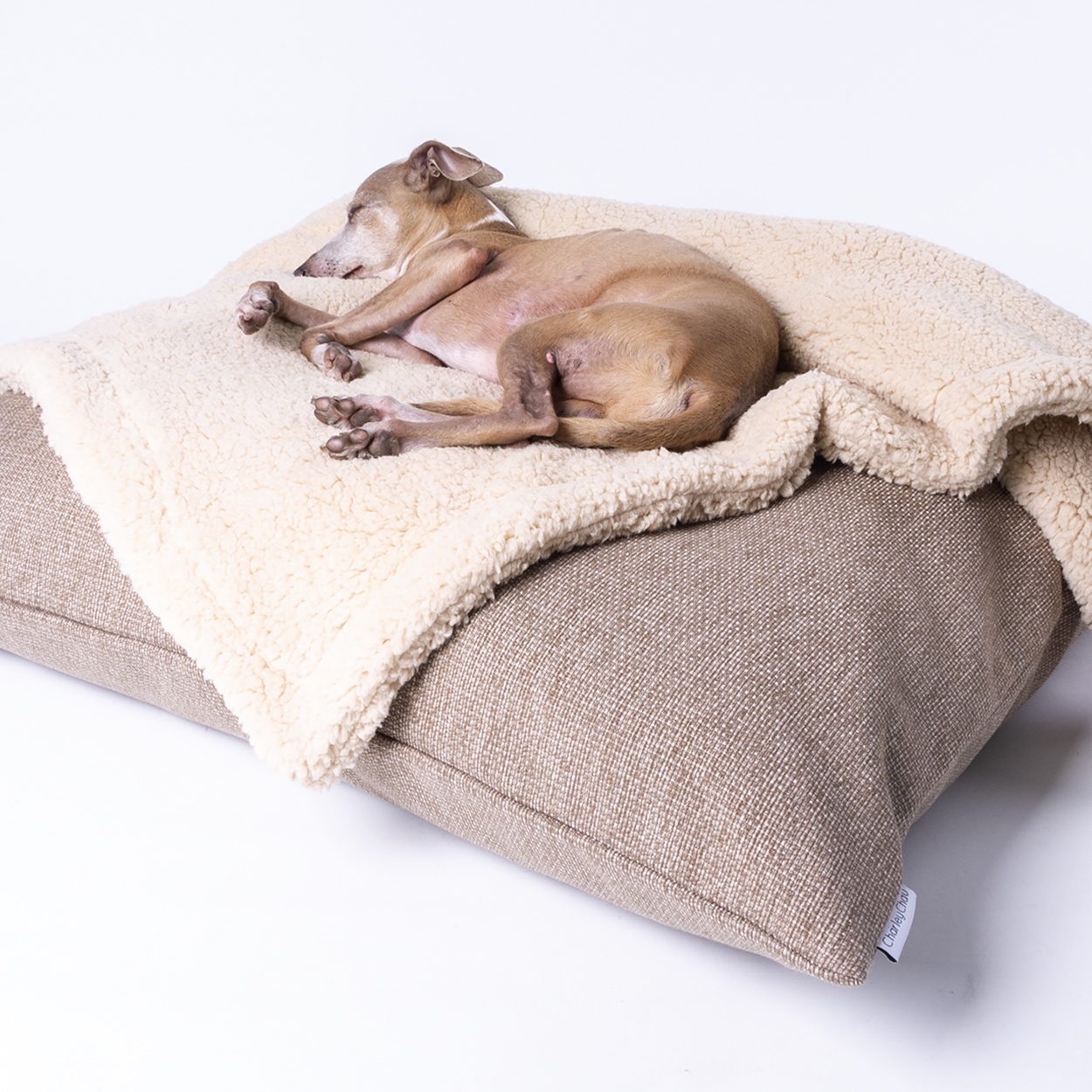 Charley Chau Day Bed Mattress in Weave II in Oak - shown with the Sherpa Fleece Dog Blanket in Teddy Beige
