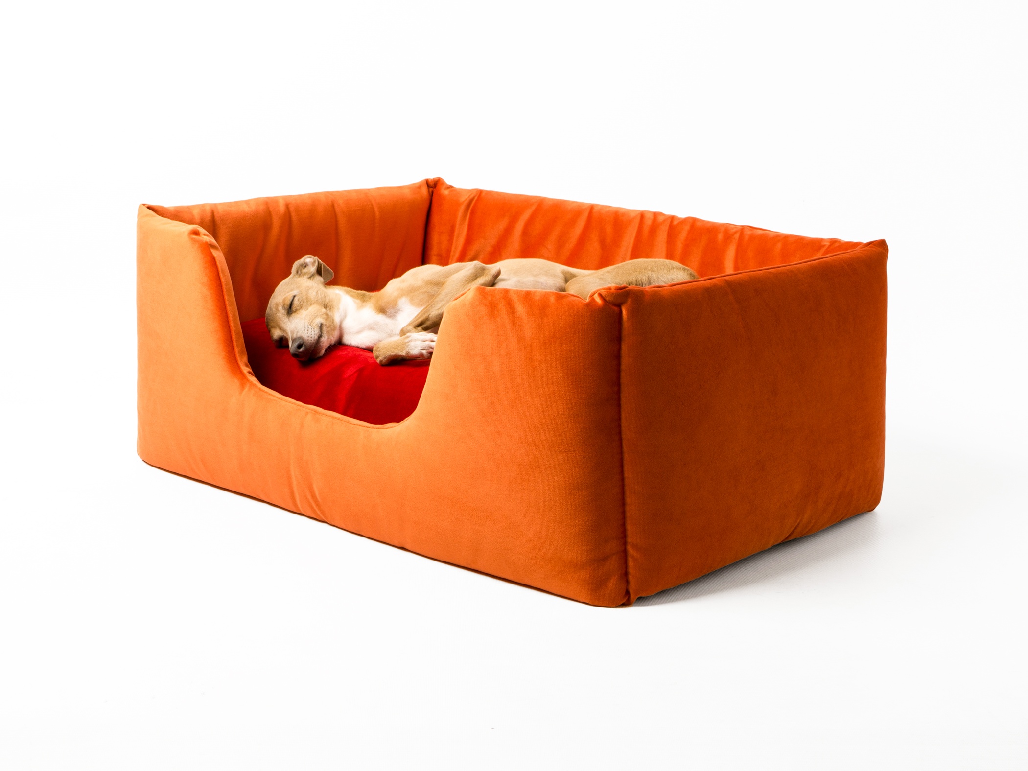 Charley Chau Deeply Dishy Luxury Dog Bed in Velour Contrast - Tangerine & Claret