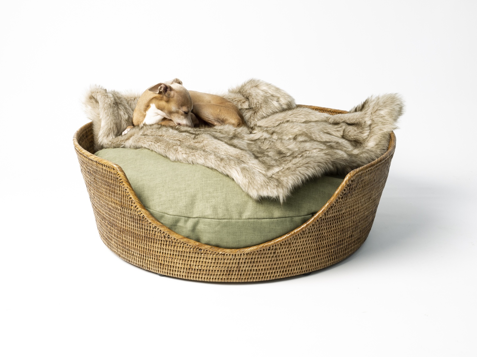 Rattan Peel Dog Basket and Mattress Set - Round