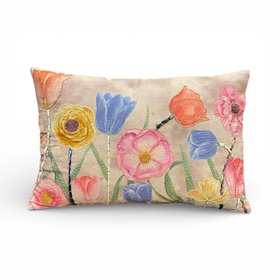 Garden Flowers Embroidered Cushion, Blues, Yellows and Pinks