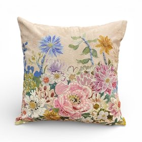 NEW Peony & Dahlias Embroidered Cushion, Pinks, Whites, Yellows and Blues