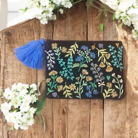 NEW Navy Blue with Flowers Detailing Bag with Tassel