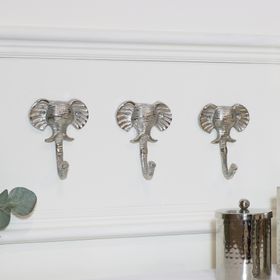 Set Of 3 Silver Elephant Head Wall Hooks