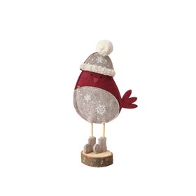 Red Felt Robin Standing Decoration with Wooden Base - 22cm
