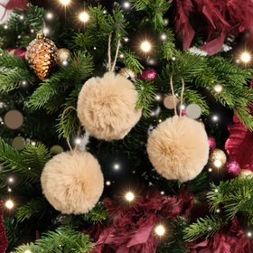 Set of 3 Small Beige Faux Fur Baubles - 7.5cm