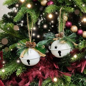 Set of 2 White Bell Hanging Decoration with Foliage 8cm