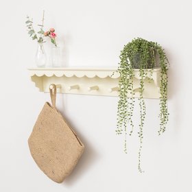 Ivory Painted Scalloped Edge Coat Peg Rail Hooks with Shelf - 100cm