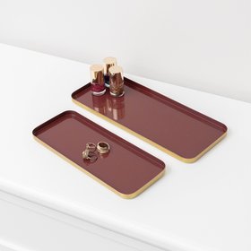 Set Of 2 Rectangular Metal Oxblood Red and Gold Decorative Trays