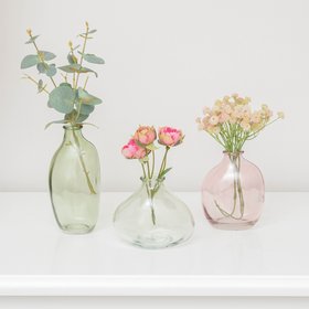 Set Of 3 Green & Pink Glass Vases