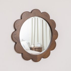 Dark Wood Scalloped Edge Bevelled Wall Mirror - 70cm