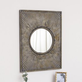 Distressed Black Rectangular Wooden Sunburst Wall Mirror - 60cm x 80cm