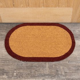 Natural Oval Coir Door Mat with a Wine Red Border
