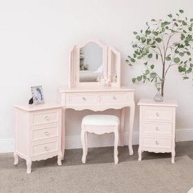 Pink Dressing Table, Mirror, Stool & Pair Bedside Tables - Sophia Pink Range