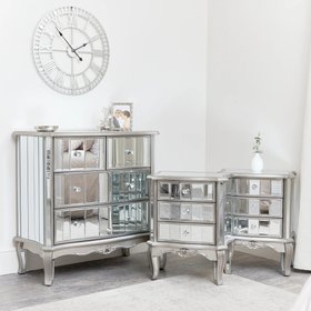 Silver Mirrored Chest of Drawers & Pair of 3 Drawer Bedside Tables - Tiffany Range