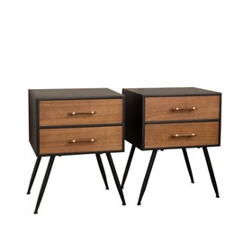 Pair of Mid-Century Modern Wood & Black 2 Drawer Bedside Tables - Industrial Range