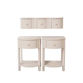 3 Drawer Reeded Wall Mounted Floating Dressing Table & Pair of Bedside Tables - Willow Taupe-Grey Range