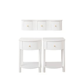 3 Drawer Reeded Wall Mounted Floating Dressing Table & Pair of Bedside Tables - Willow White Range