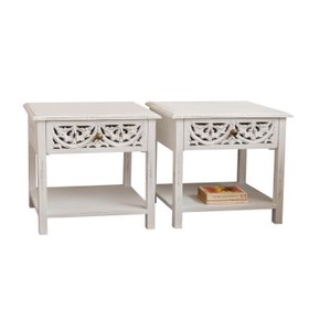 Pair of Distressed White Mango Wood Bohemian Bedside Tables - Freya White Range