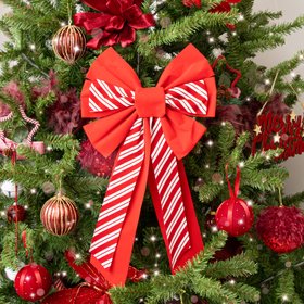 Large Red & White Candy Cane Flocked Christmas Bow Decoration