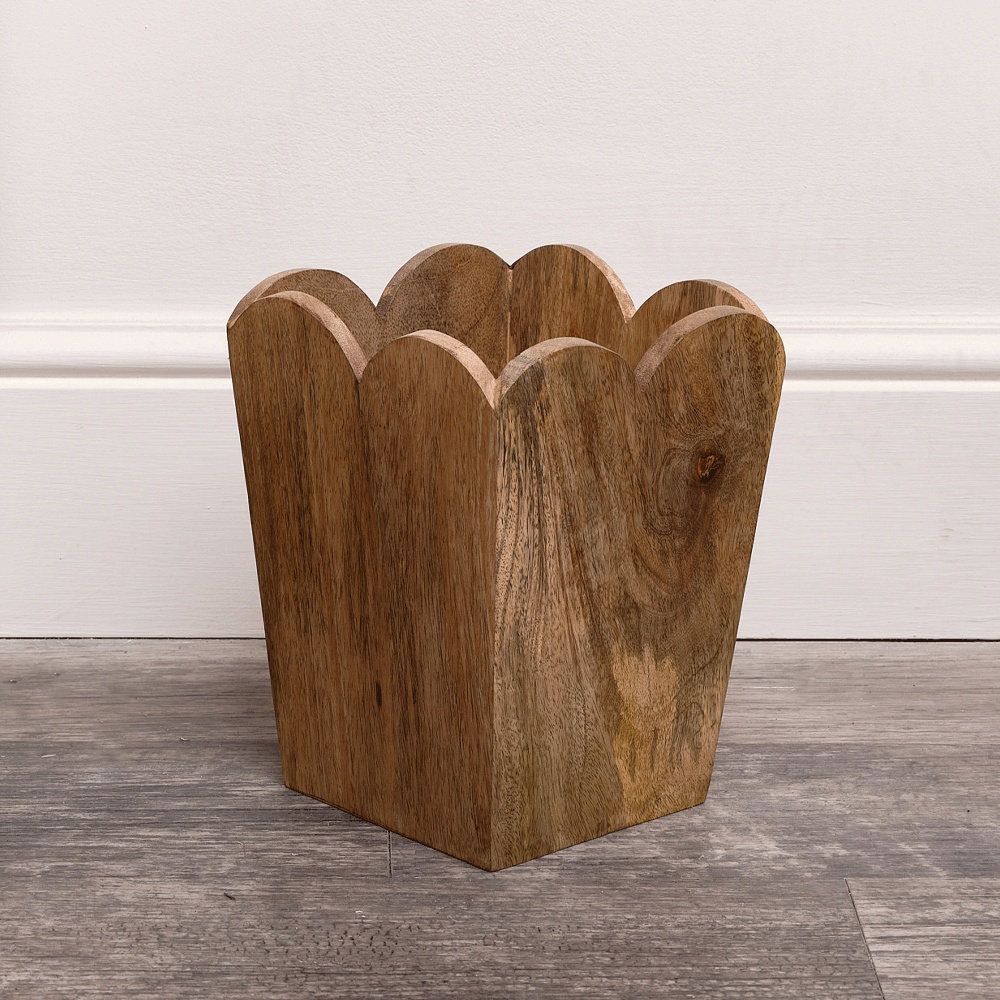 Mango Wood Scalloped Edge Waste Paper Bin