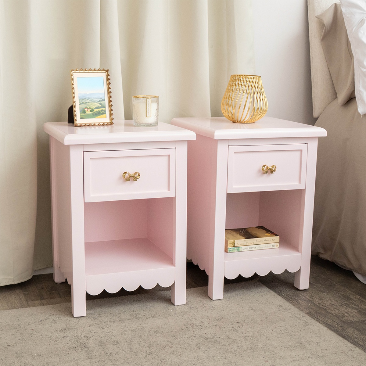 Pair Of 3 Drawer Scalloped Bedside Tables - Staunton Pink Range