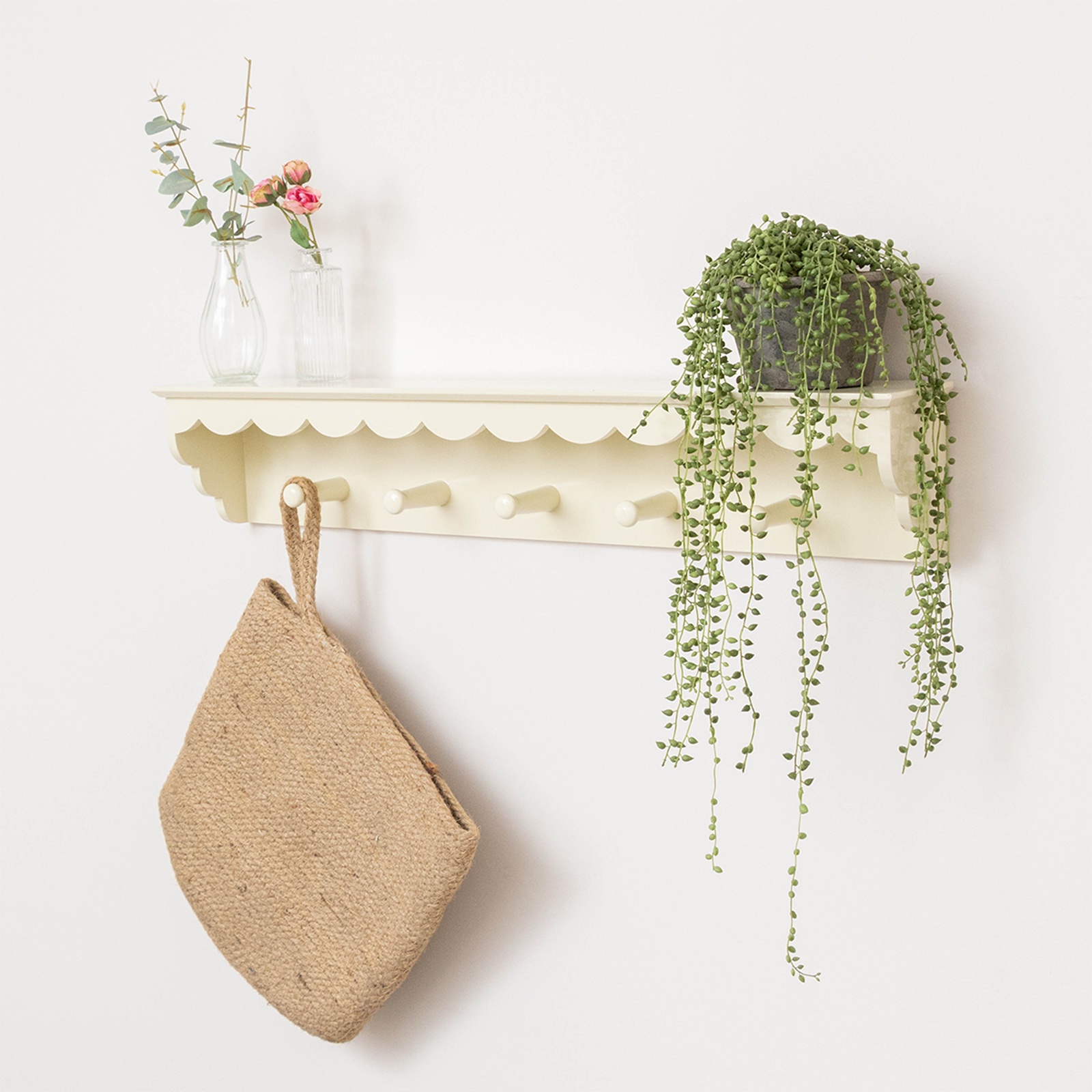 Ivory Painted Scalloped Edge Coat Peg Rail Hooks with Shelf - 100cm