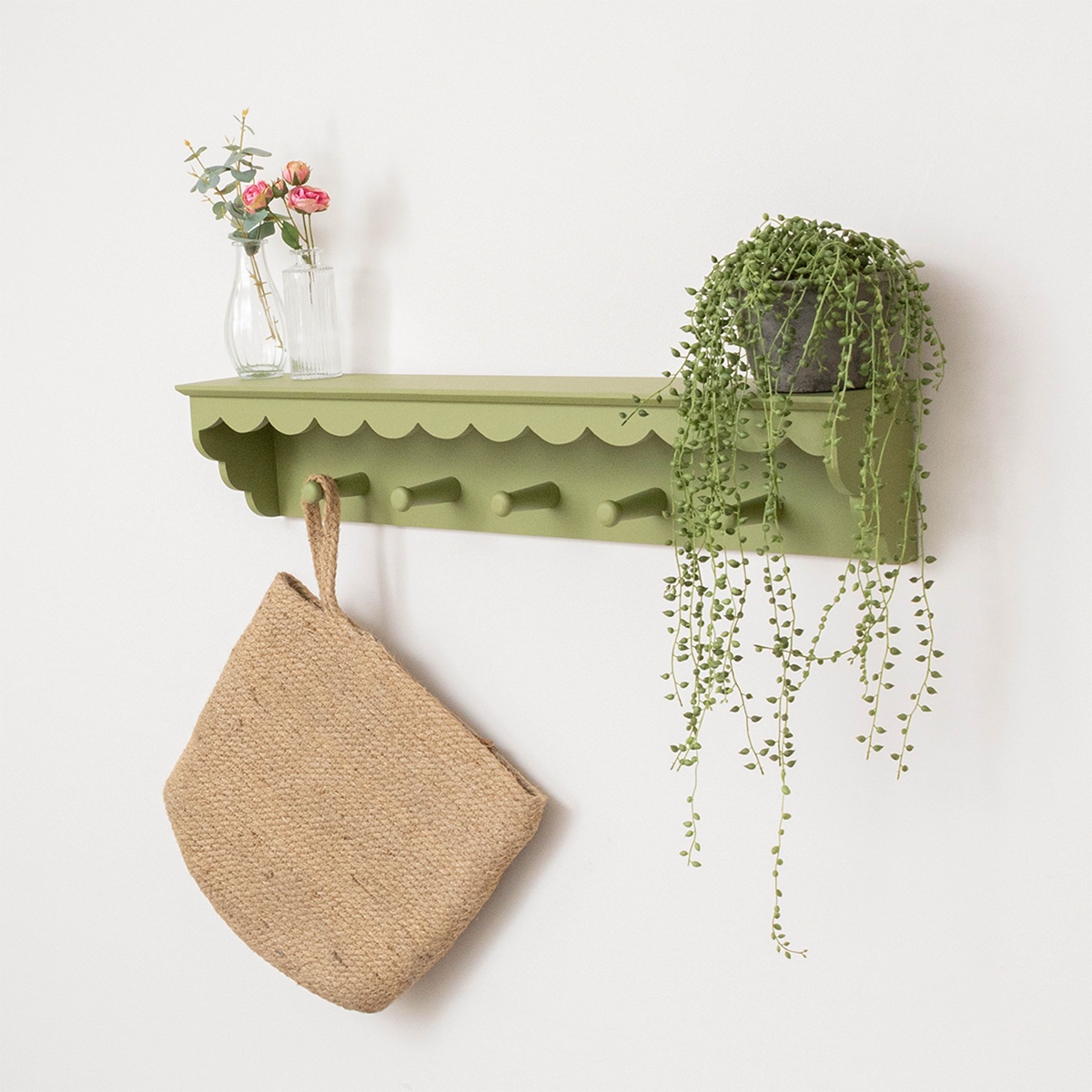 Green Painted Scalloped Edge Coat Peg Rail Hooks with Shelf - 100cm